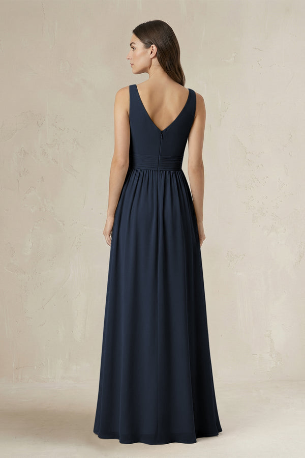 Illusion V - Neck A - Line Ruched Bridesmaid Dress in Dark Navy - KissProm Bridesmaid Dresses
