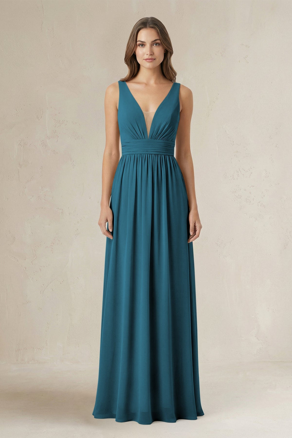 Illusion V - Neck A - Line Ruched Bridesmaid Dress in Dark Teal - KissProm Bridesmaid Dresses
