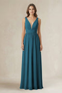 Illusion V - Neck A - Line Ruched Bridesmaid Dress in Dark Teal - KissProm Bridesmaid Dresses