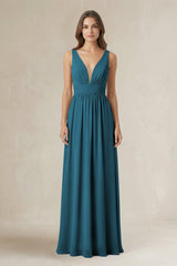 Illusion V - Neck A - Line Ruched Bridesmaid Dress in Dark Teal - KissProm Bridesmaid Dresses