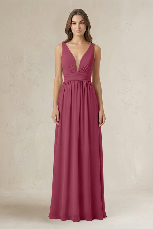 Illusion V - Neck A - Line Ruched Bridesmaid Dress in Desert Rose - KissProm Bridesmaid Dresses