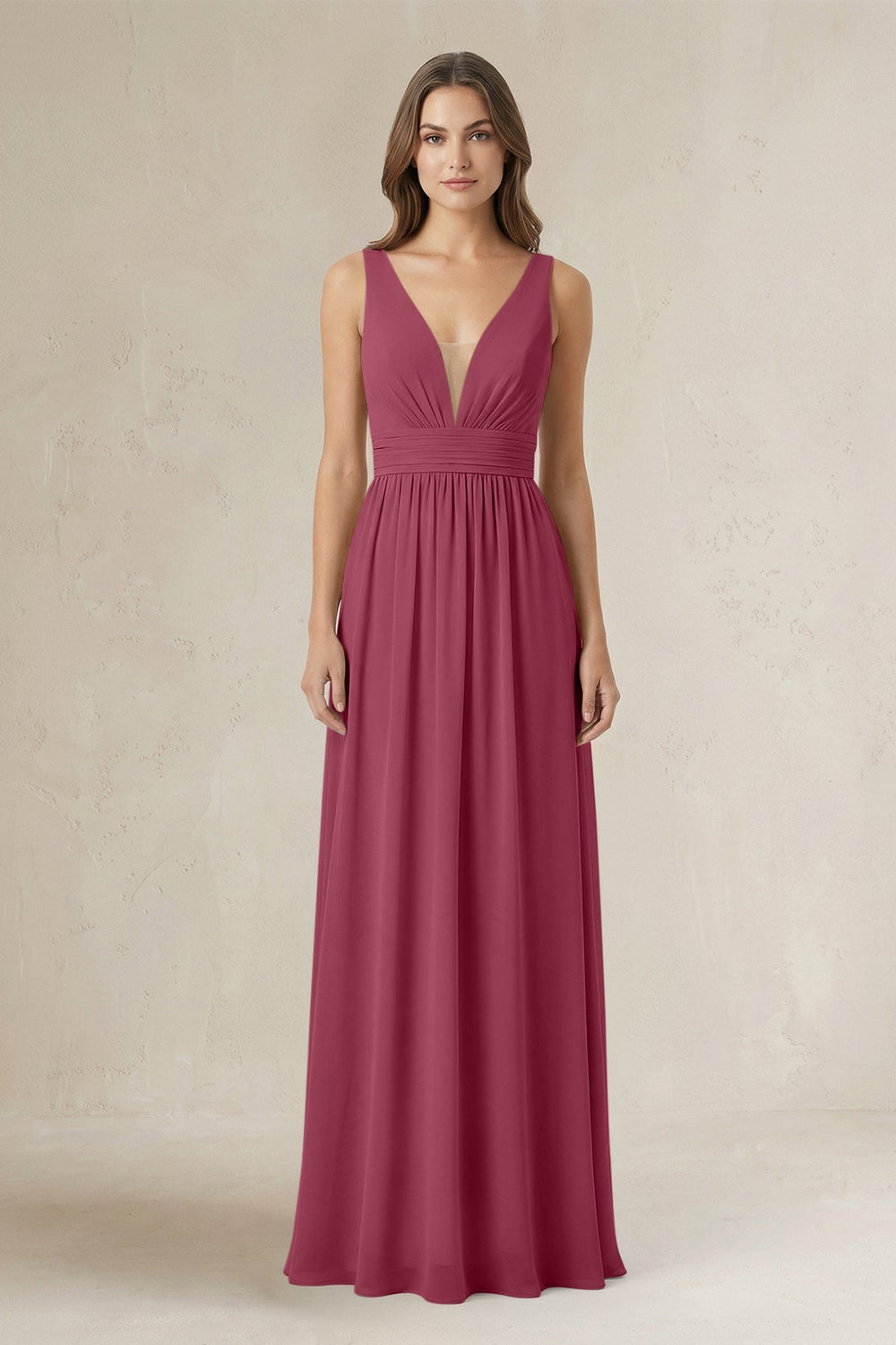 Illusion V - Neck A - Line Ruched Bridesmaid Dress in Desert Rose - KissProm Bridesmaid Dresses