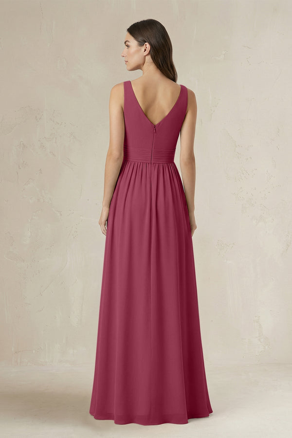 Illusion V - Neck A - Line Ruched Bridesmaid Dress in Desert Rose - KissProm Bridesmaid Dresses