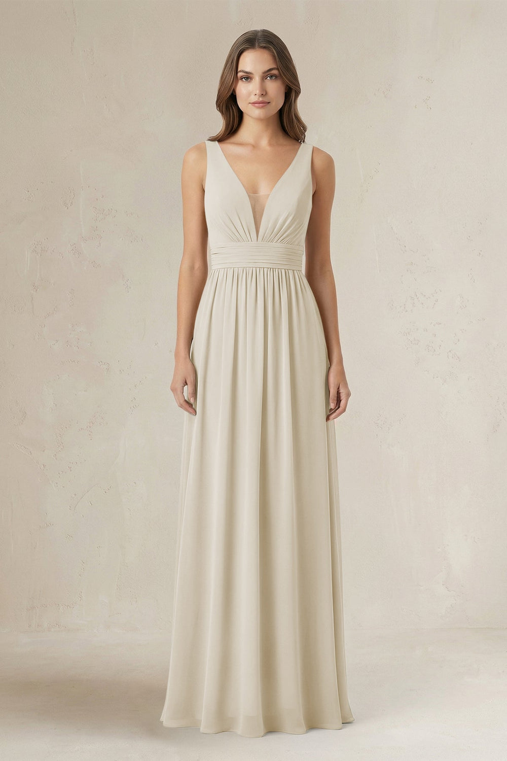 Illusion V - Neck A - Line Ruched Bridesmaid Dress in Dove Gray - KissProm Bridesmaid Dresses