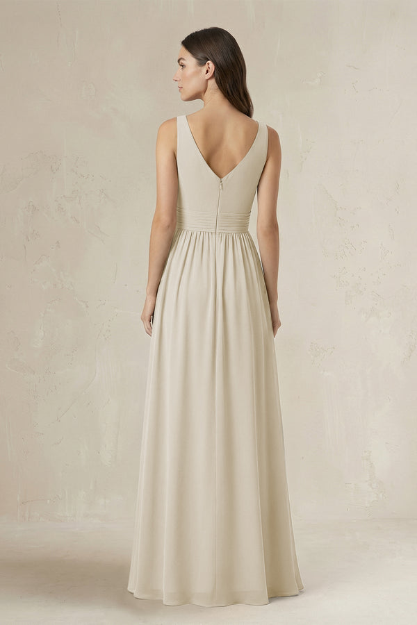 Illusion V - Neck A - Line Ruched Bridesmaid Dress in Dove Gray - KissProm Bridesmaid Dresses