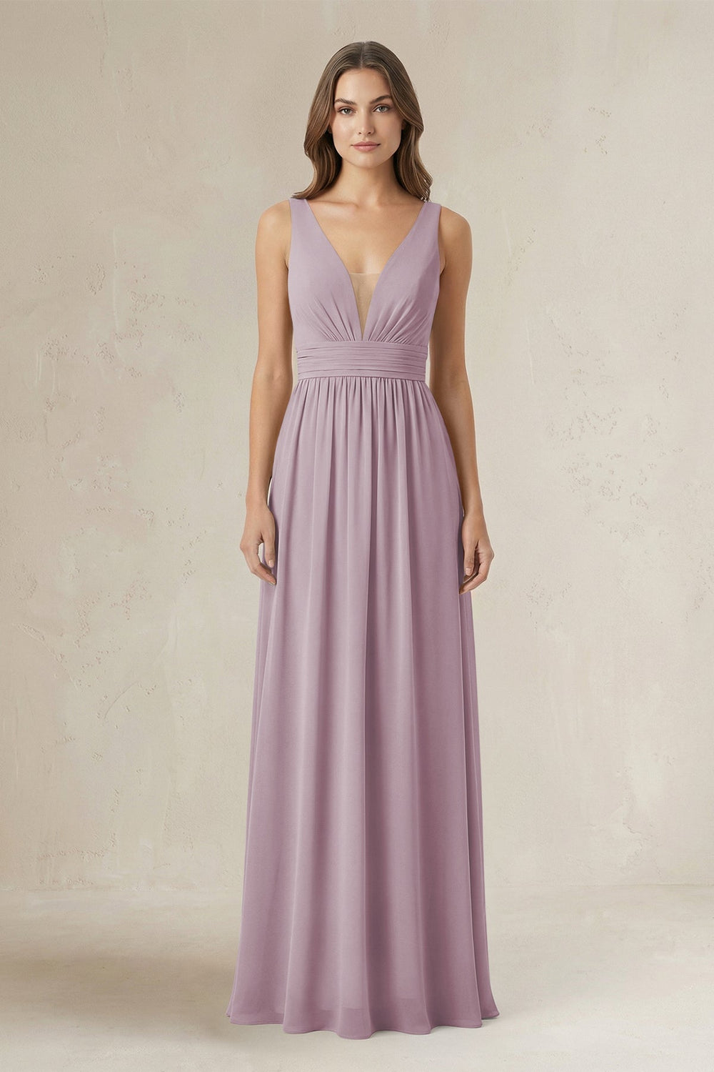 Illusion V - Neck A - Line Ruched Bridesmaid Dress in Dusk - KissProm Bridesmaid Dresses