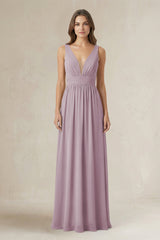 Illusion V - Neck A - Line Ruched Bridesmaid Dress in Dusk - KissProm Bridesmaid Dresses