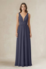 Illusion V - Neck A - Line Ruched Bridesmaid Dress in Dusk Blue - KissProm Bridesmaid Dresses