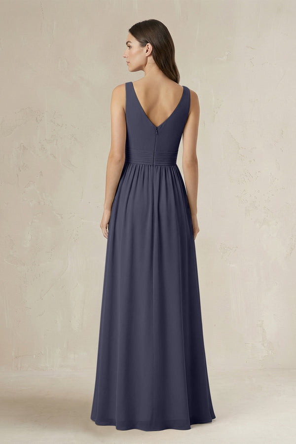 Illusion V - Neck A - Line Ruched Bridesmaid Dress in Dusk Blue - KissProm Bridesmaid Dresses
