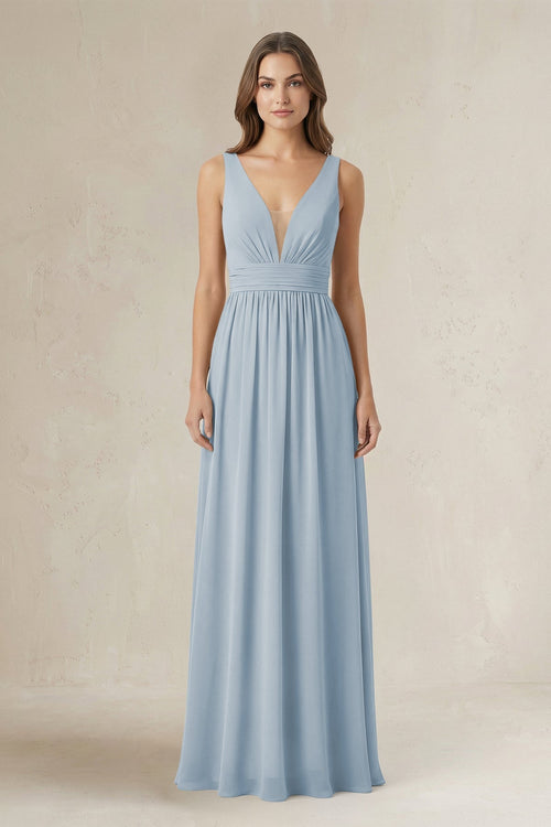 Illusion V - Neck A - Line Ruched Bridesmaid Dress in Dusty Blue - KissProm Bridesmaid Dresses