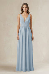 Illusion V - Neck A - Line Ruched Bridesmaid Dress in Dusty Blue - KissProm Bridesmaid Dresses