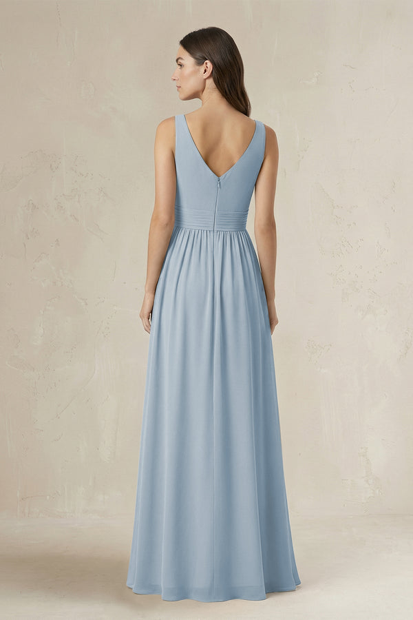 Illusion V - Neck A - Line Ruched Bridesmaid Dress in Dusty Blue - KissProm Bridesmaid Dresses