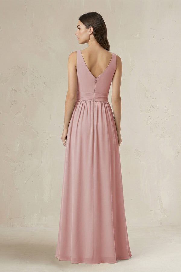 Illusion V - Neck A - Line Ruched Bridesmaid Dress in Dusty Rose - KissProm Bridesmaid Dresses
