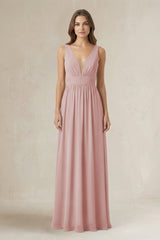 Illusion V - Neck A - Line Ruched Bridesmaid Dress in Dusty Rose - KissProm Bridesmaid Dresses