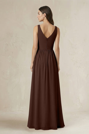 Illusion V - Neck A - Line Ruched Bridesmaid Dress in Espresso - KissProm Bridesmaid Dresses