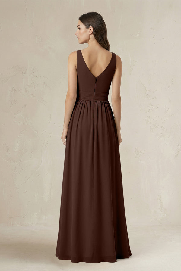 Illusion V - Neck A - Line Ruched Bridesmaid Dress in Espresso - KissProm Bridesmaid Dresses