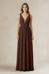 Illusion V - Neck A - Line Ruched Bridesmaid Dress in Espresso - KissProm Bridesmaid Dresses