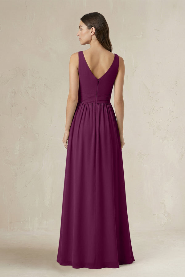 Illusion V - Neck A - Line Ruched Bridesmaid Dress in Fig - KissProm Bridesmaid Dresses