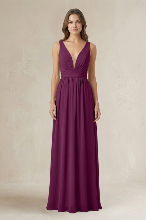 Illusion V - Neck A - Line Ruched Bridesmaid Dress in Fig - KissProm Bridesmaid Dresses