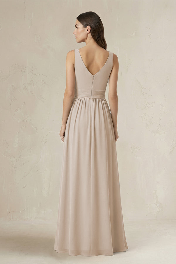 Illusion V - Neck A - Line Ruched Bridesmaid Dress in Frost - KissProm Bridesmaid Dresses