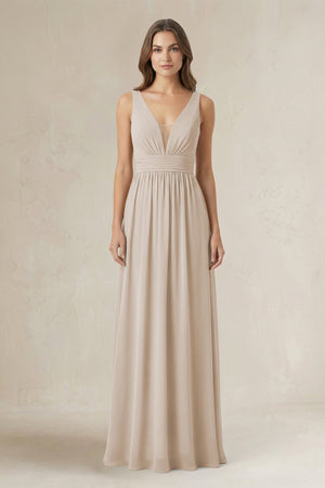 Illusion V - Neck A - Line Ruched Bridesmaid Dress in Frost - KissProm Bridesmaid Dresses