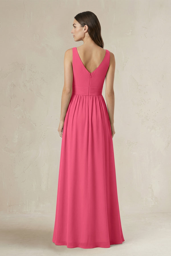 Illusion V - Neck A - Line Ruched Bridesmaid Dress in Fuchsia - KissProm Bridesmaid Dresses