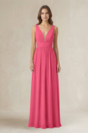 Illusion V - Neck A - Line Ruched Bridesmaid Dress in Fuchsia - KissProm Bridesmaid Dresses