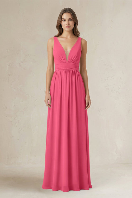Illusion V - Neck A - Line Ruched Bridesmaid Dress in Fuchsia - KissProm Bridesmaid Dresses