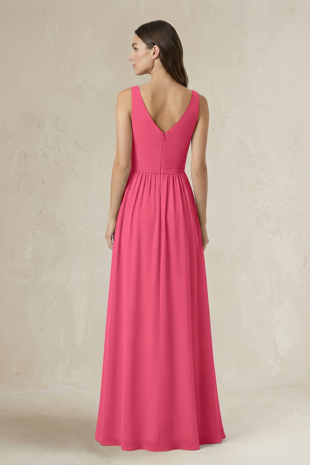 Illusion V - Neck A - Line Ruched Bridesmaid Dress in Fuchsia - KissProm Bridesmaid Dresses
