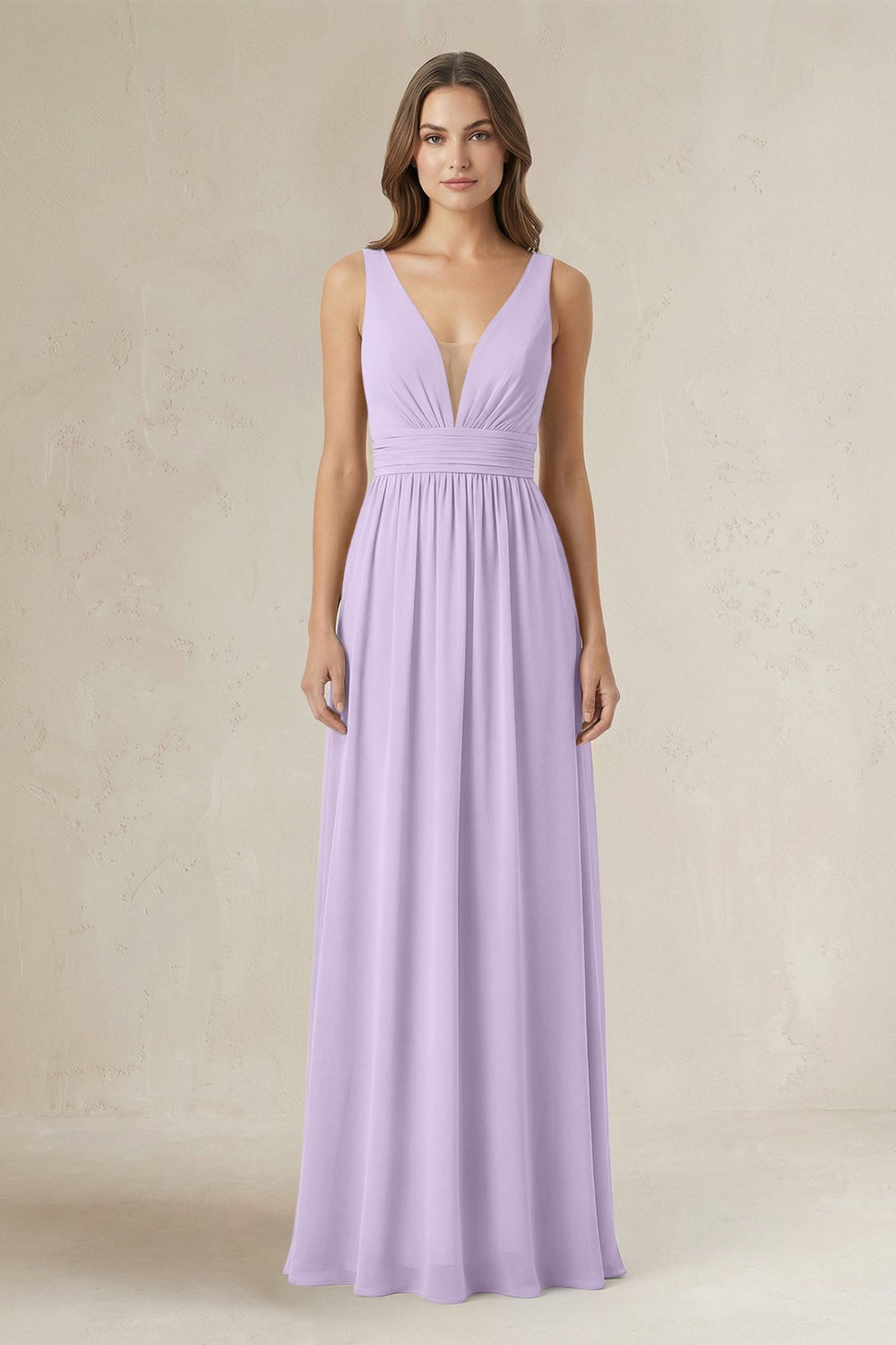 Illusion V - Neck A - Line Ruched Bridesmaid Dress in Lavender - KissProm Bridesmaid Dresses