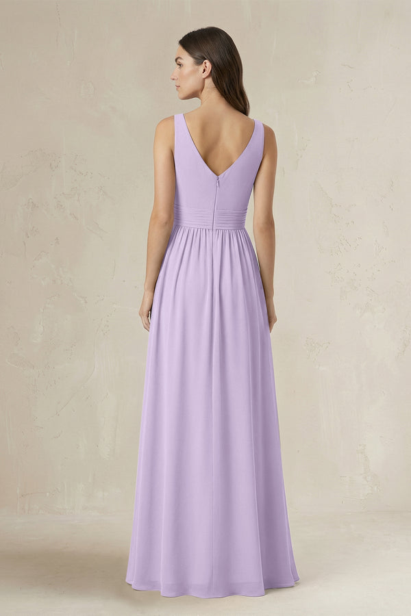 Illusion V - Neck A - Line Ruched Bridesmaid Dress in Lavender - KissProm Bridesmaid Dresses