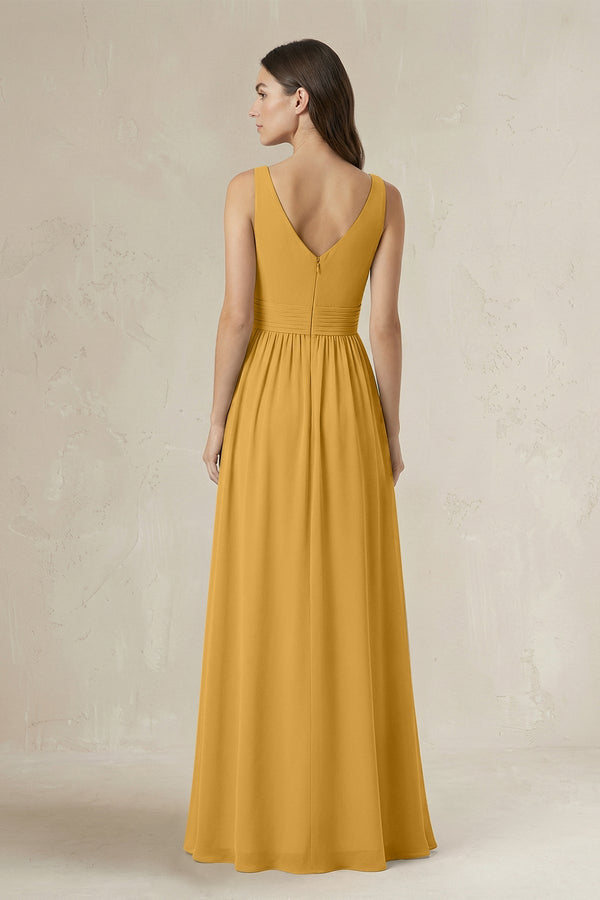 Illusion V - Neck A - Line Ruched Bridesmaid Dress in Marigold - KissProm Bridesmaid Dresses