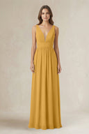 Illusion V - Neck A - Line Ruched Bridesmaid Dress in Marigold - KissProm Bridesmaid Dresses