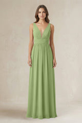 Illusion V - Neck A - Line Ruched Bridesmaid Dress in Matcha - KissProm Bridesmaid Dresses