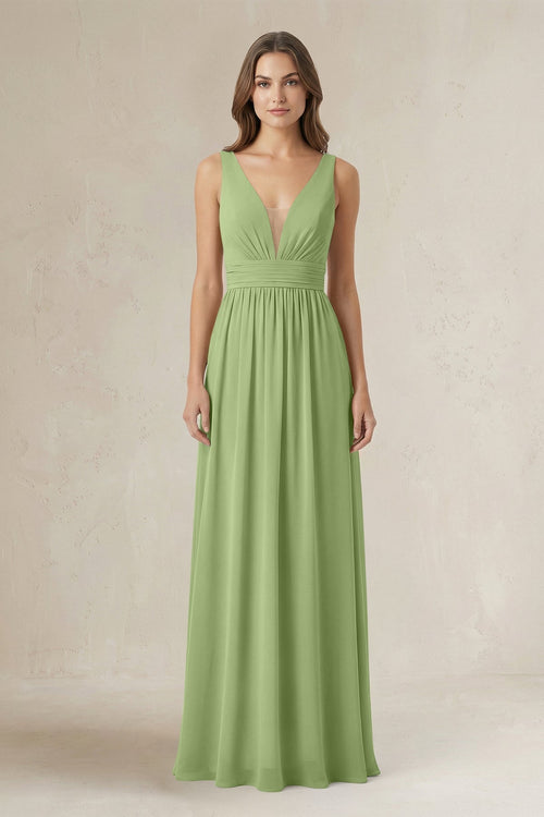 Illusion V - Neck A - Line Ruched Bridesmaid Dress in Matcha - KissProm Bridesmaid Dresses