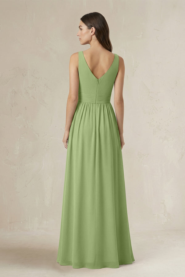 Illusion V - Neck A - Line Ruched Bridesmaid Dress in Matcha - KissProm Bridesmaid Dresses