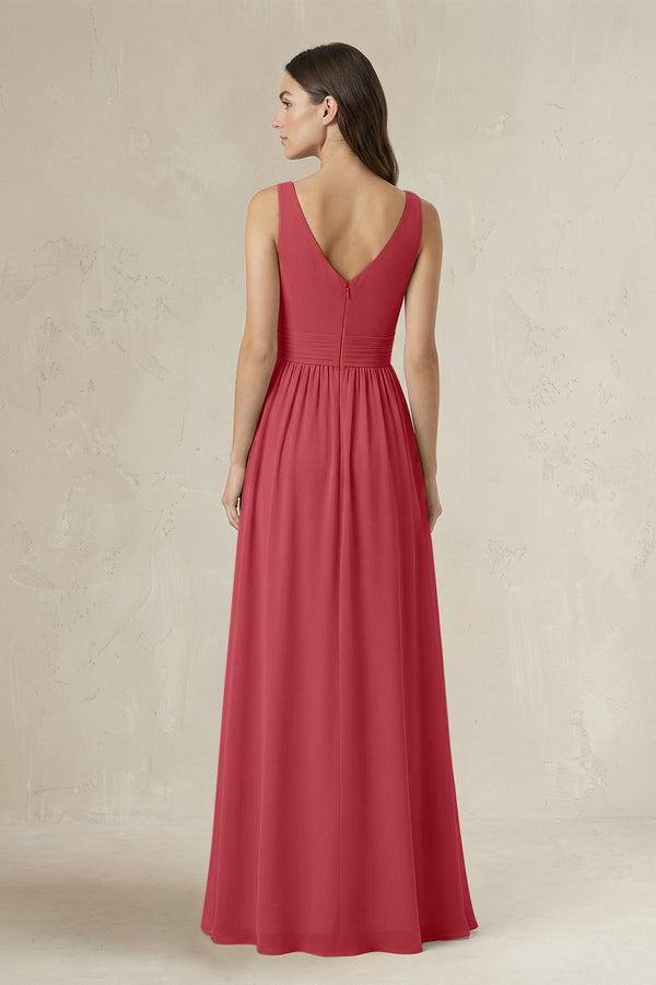 Illusion V - Neck A - Line Ruched Bridesmaid Dress in Merlot - KissProm Bridesmaid Dresses