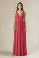 Illusion V - Neck A - Line Ruched Bridesmaid Dress in Merlot - KissProm Bridesmaid Dresses