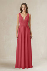 Illusion V - Neck A - Line Ruched Bridesmaid Dress in Merlot - KissProm Bridesmaid Dresses