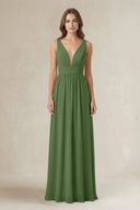 Illusion V - Neck A - Line Ruched Bridesmaid Dress in Moss - KissProm Bridesmaid Dresses