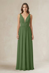 Illusion V - Neck A - Line Ruched Bridesmaid Dress in Moss - KissProm Bridesmaid Dresses