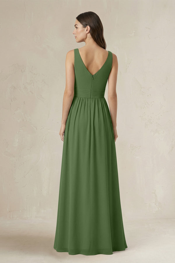 Illusion V - Neck A - Line Ruched Bridesmaid Dress in Moss - KissProm Bridesmaid Dresses