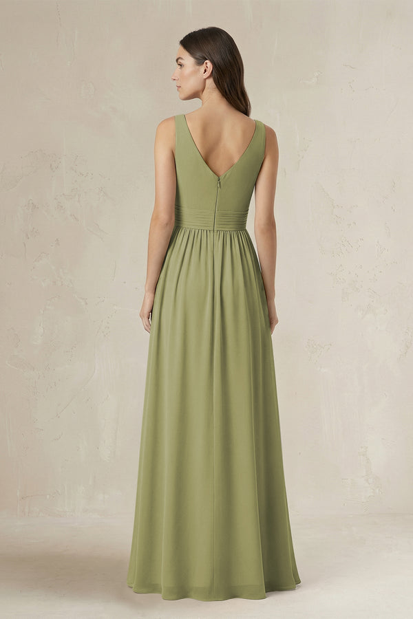Illusion V - Neck A - Line Ruched Bridesmaid Dress in Moss Green - KissProm Bridesmaid Dresses