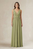 Illusion V - Neck A - Line Ruched Bridesmaid Dress in Moss Green - KissProm Bridesmaid Dresses