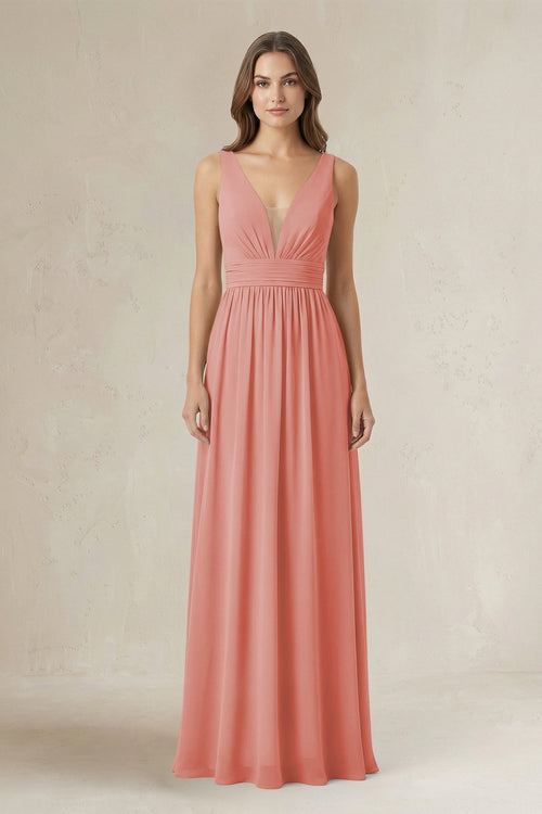 Illusion V - Neck A - Line Ruched Bridesmaid Dress in Mulberry - KissProm Bridesmaid Dresses