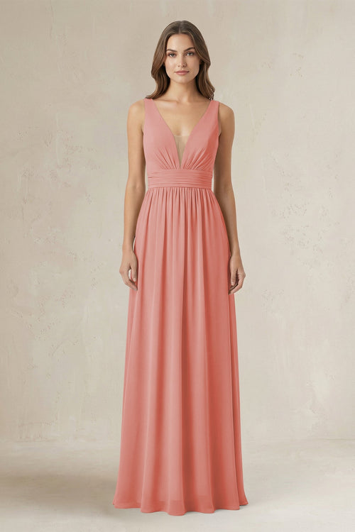 Illusion V - Neck A - Line Ruched Bridesmaid Dress in Mulberry - KissProm Bridesmaid Dresses