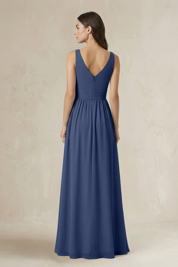 Illusion V - Neck A - Line Ruched Bridesmaid Dress in Navy - KissProm Bridesmaid Dresses