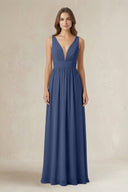Illusion V - Neck A - Line Ruched Bridesmaid Dress in Navy - KissProm Bridesmaid Dresses