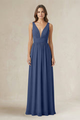 Illusion V - Neck A - Line Ruched Bridesmaid Dress in Navy - KissProm Bridesmaid Dresses