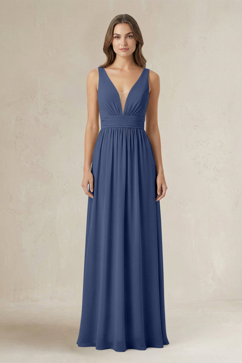 Illusion V - Neck A - Line Ruched Bridesmaid Dress in Navy - KissProm Bridesmaid Dresses